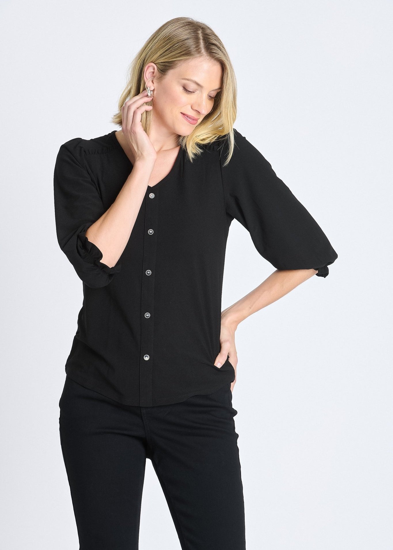 Ruffle 3/4 Sleeve Button - Front Top, Black - DressbarnButton Front Shirts