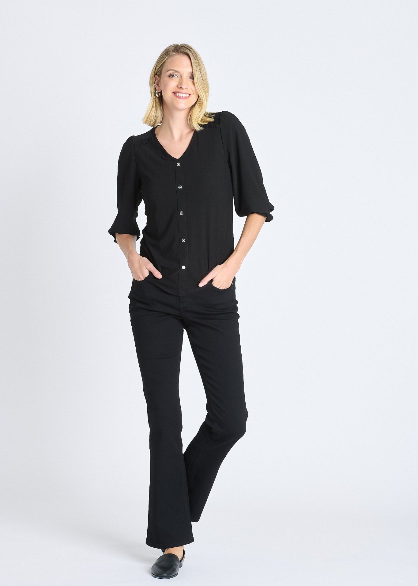 Ruffle 3/4 Sleeve Button - Front Top, Black - DressbarnButton Front Shirts