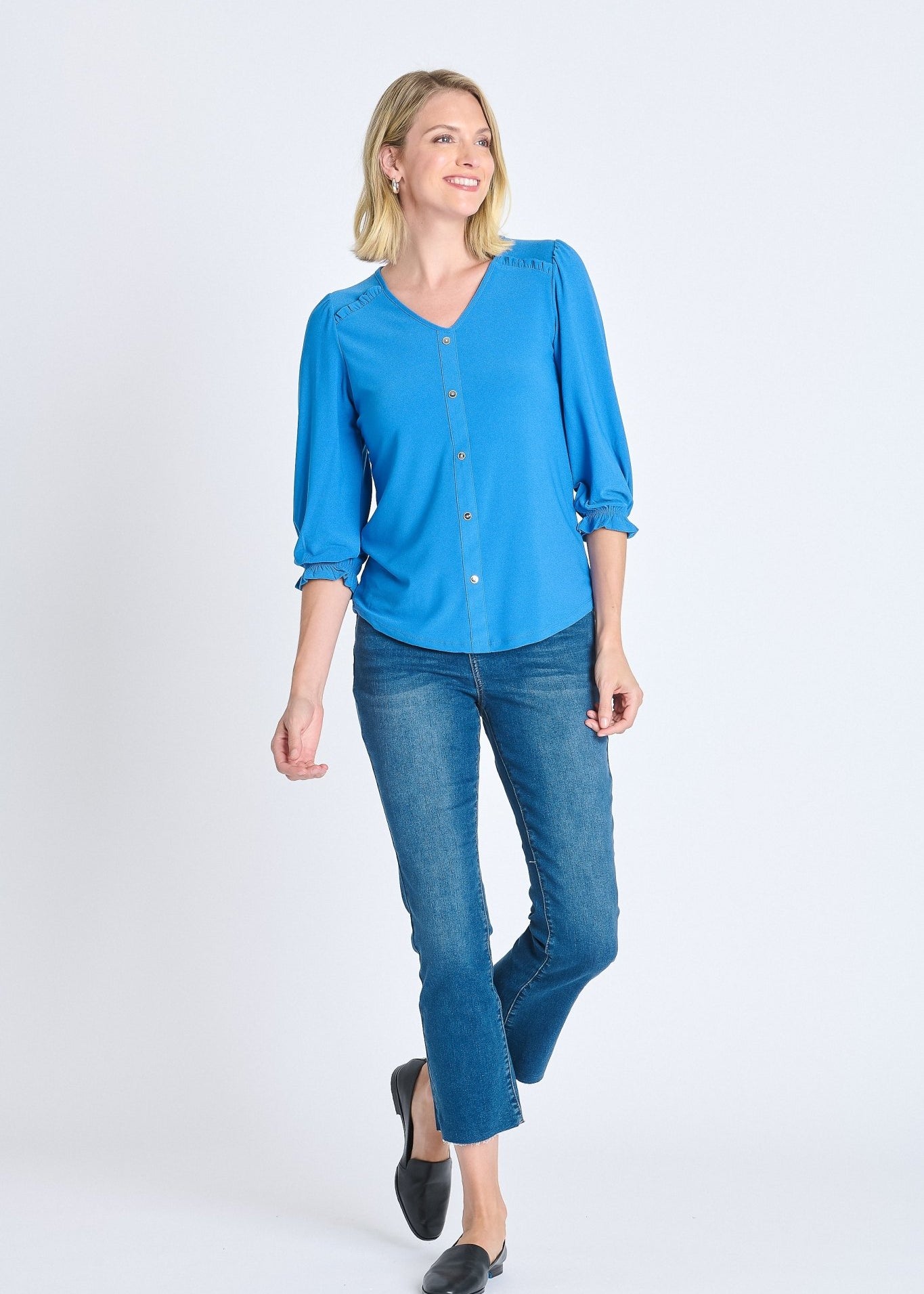 Ruffle 3/4 Sleeve Button - Front Top, Star Sapphire - DressbarnButton Front Shirts