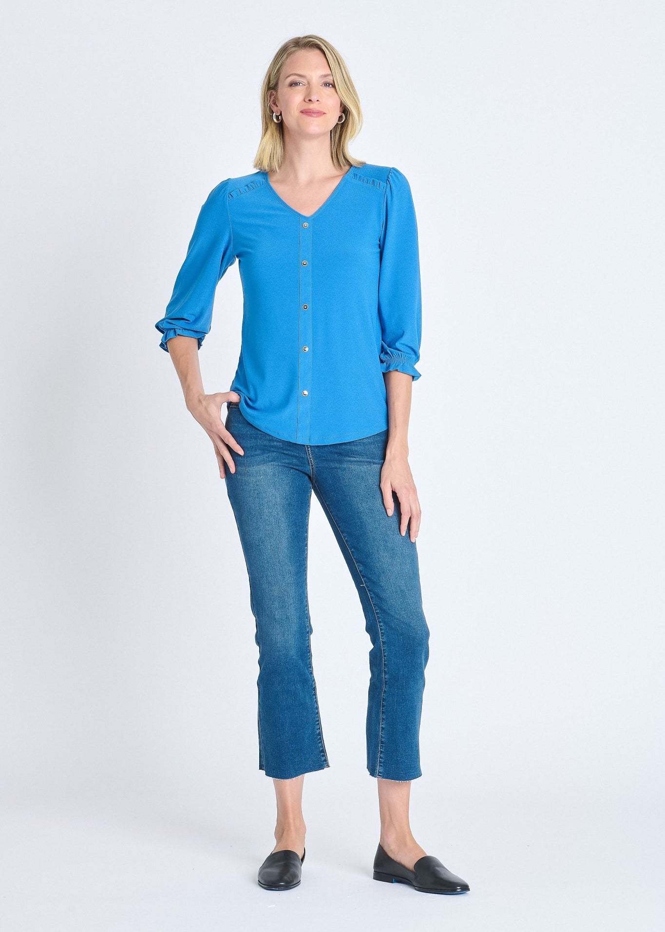 Ruffle 3/4 Sleeve Button - Front Top, Star Sapphire - DressbarnButton Front Shirts