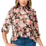 Ruffle detailed hi-low long sleeve blouse top with floral chiffon - DressbarnShirts & Blouses