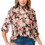 Ruffle detailed hi-low long sleeve blouse top with floral chiffon - DressbarnShirts & Blouses