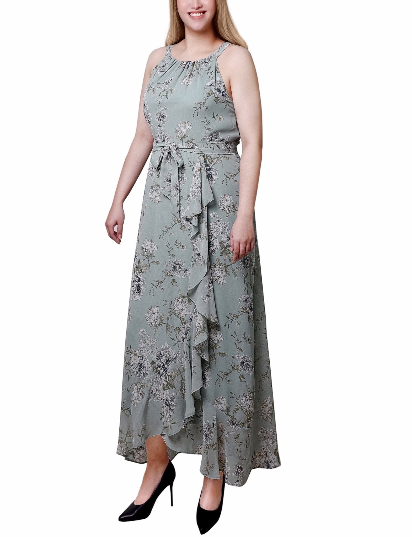Sage Ivory Floral Halter Front Chiffon Maxi Dress - Petite Dressbarn Sage Ivory Floral Halter Front Chiffon Maxi Dress - Petite Dressbarn