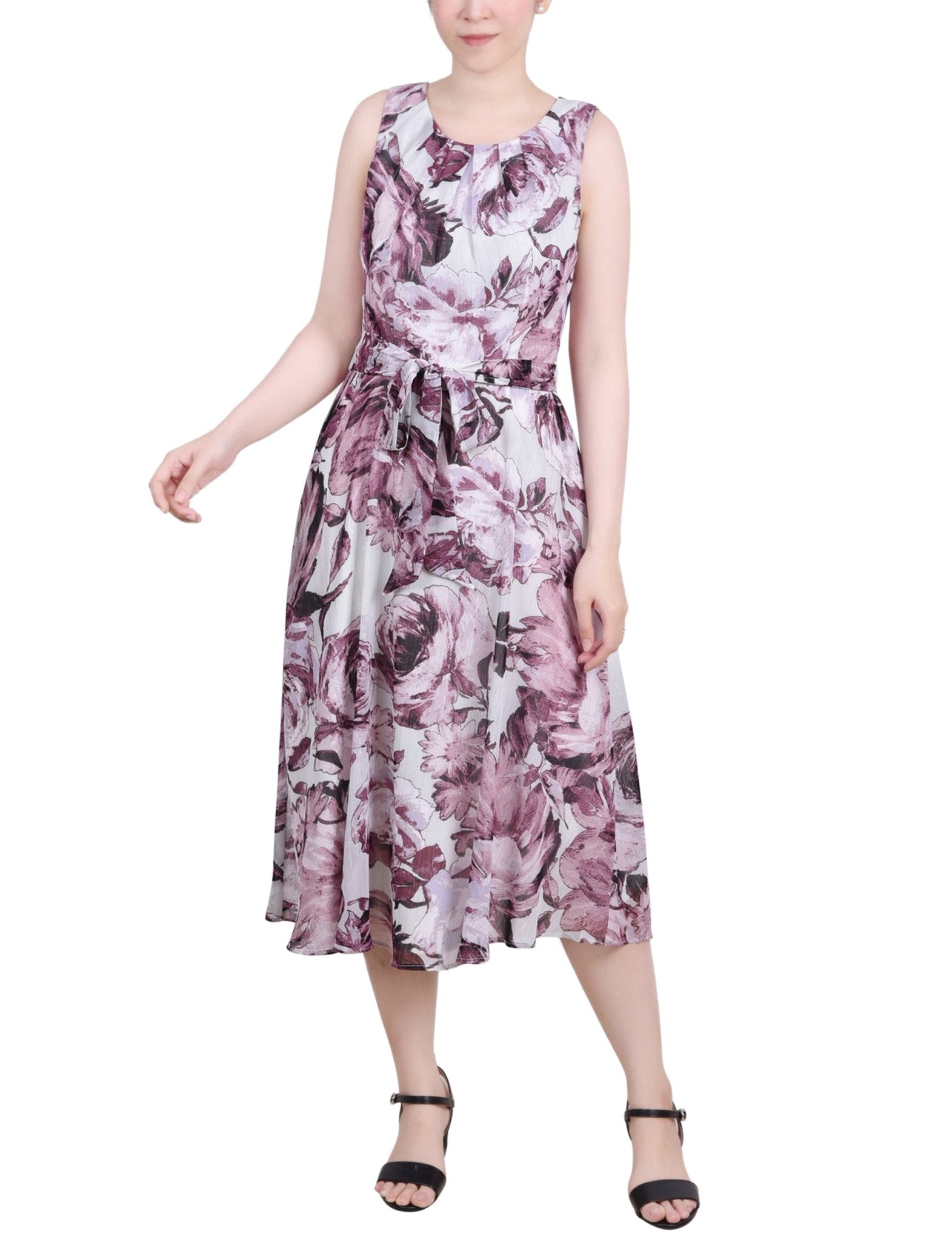 Sage Mauve Floral Sleeveless Chiffon Belted Dress - Petite - DressbarnKnee Length & Midi Dresses