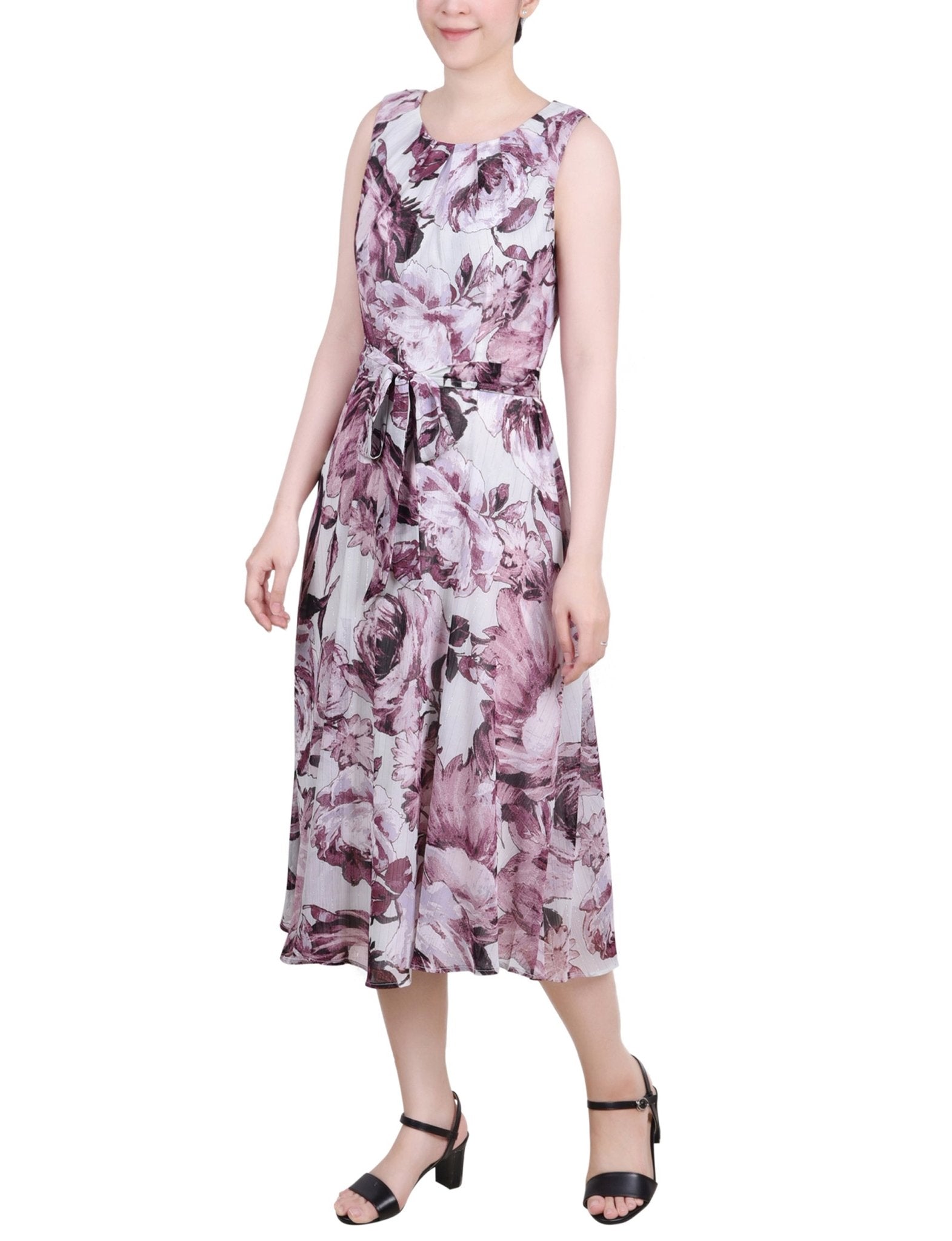 Sage Mauve Floral Sleeveless Chiffon Belted Dress - Petite - DressbarnKnee Length & Midi Dresses