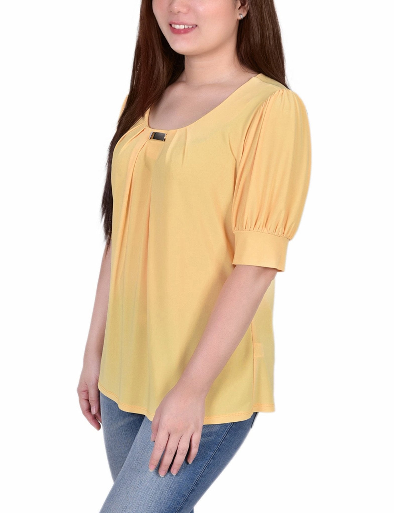 Samoan Sun Short Sleeve Balloon Sleeve Top With Hardware - DressbarnBlouses