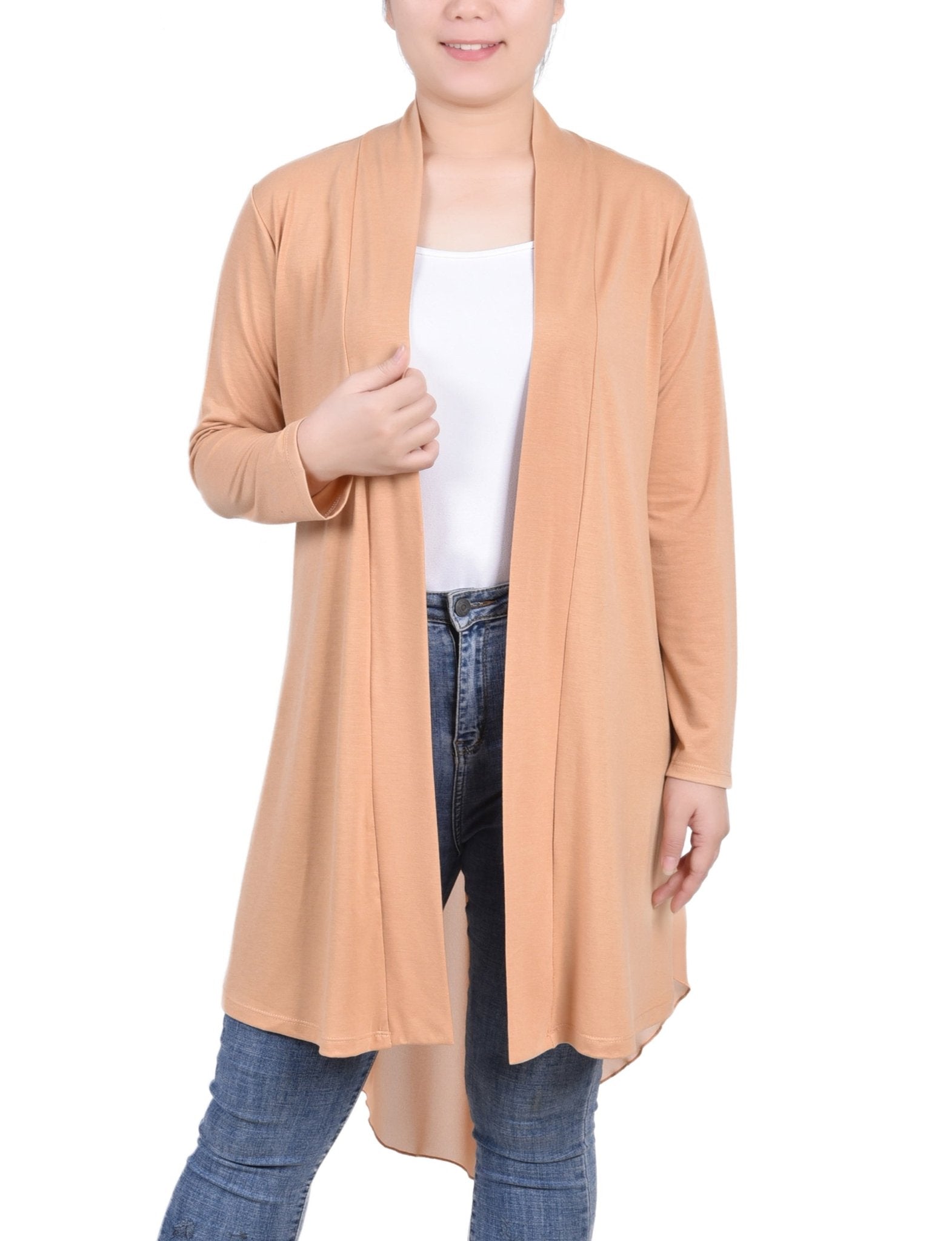 Sand Long Sleeve Knit Cardigan With Chiffon Back - DressbarnCardigans & Completers