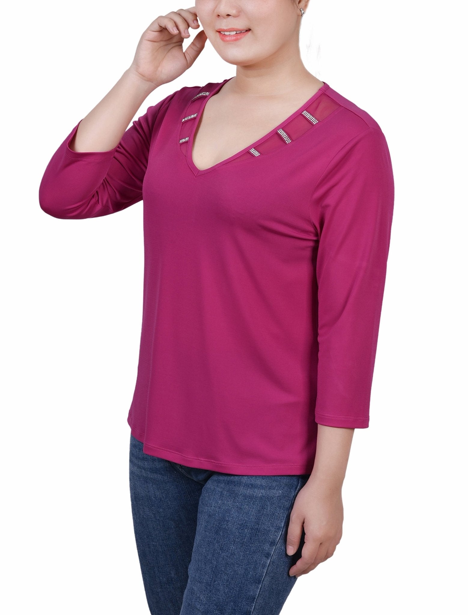 Sangria 3/4 Sleeve Top With Illusion Neckline and Stones - Petite - DressbarnBlouses