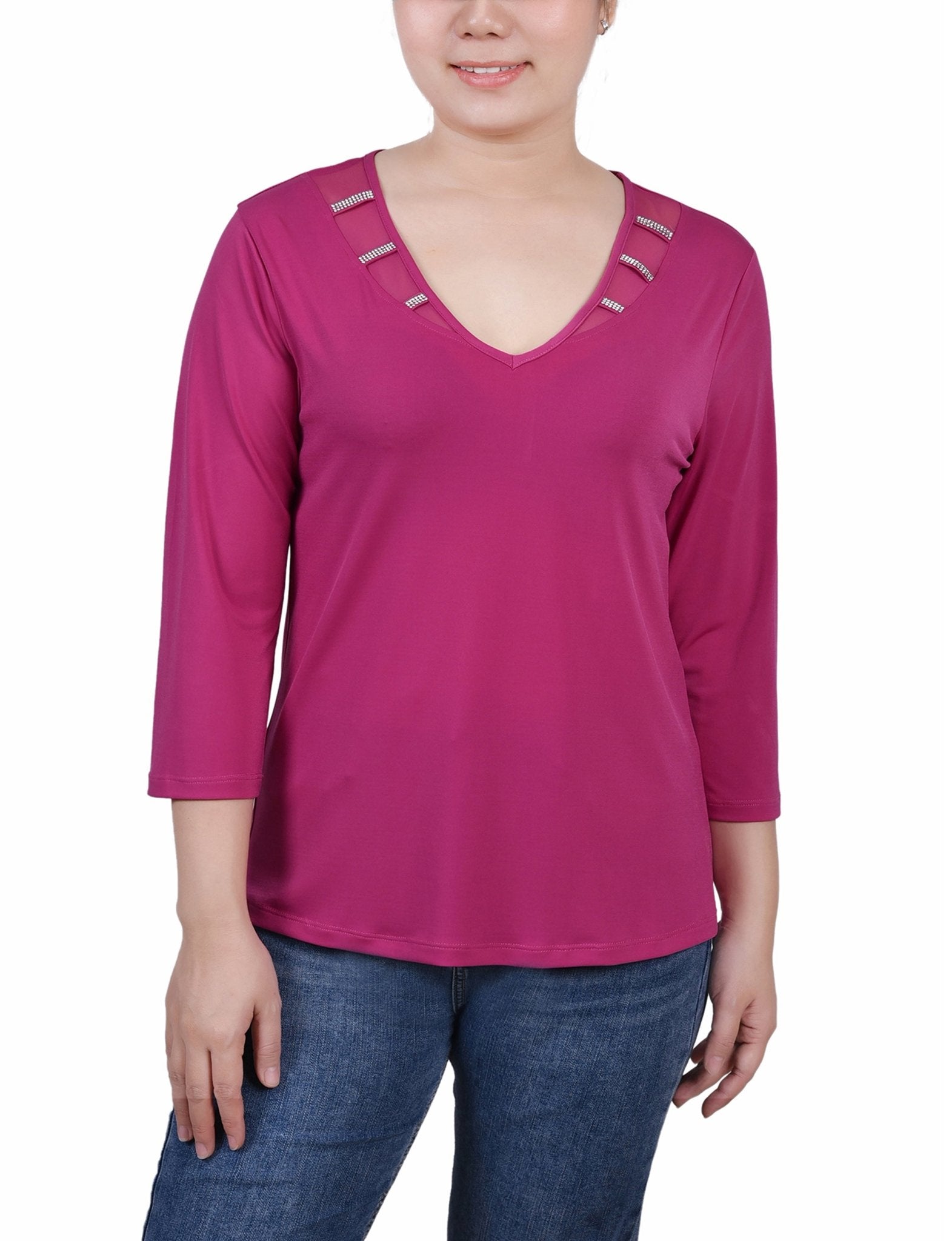 Sangria 3/4 Sleeve Top With Illusion Neckline and Stones - Petite - DressbarnBlouses