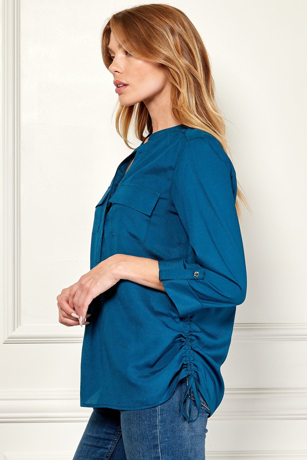 Sara Michelle 3/4 Button Tab Sleeve Patch Pockets Side Ties Popover - DressbarnShirts & Blouses