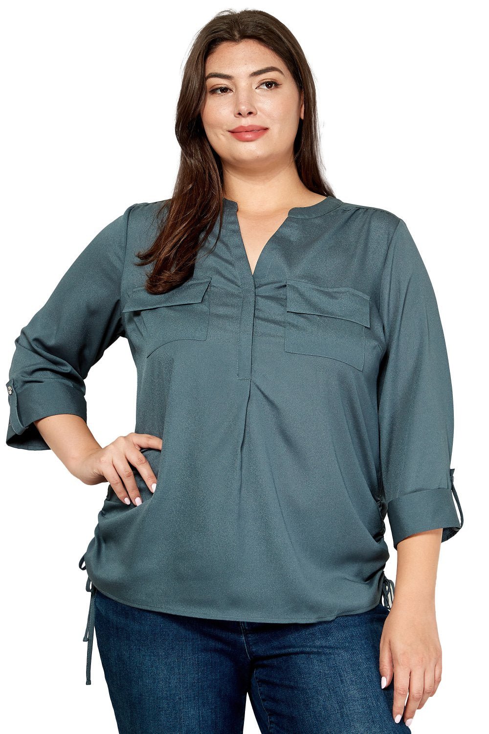 Sara Michelle 3/4 Button Tab Sleeve Patch Pockets Side Ties Popover - PLUS - DressbarnShirts & Blouses