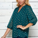 Sara Michelle 3/4 Puff Sleeve Mandarin Collar Top - DressbarnShirts & Blouses
