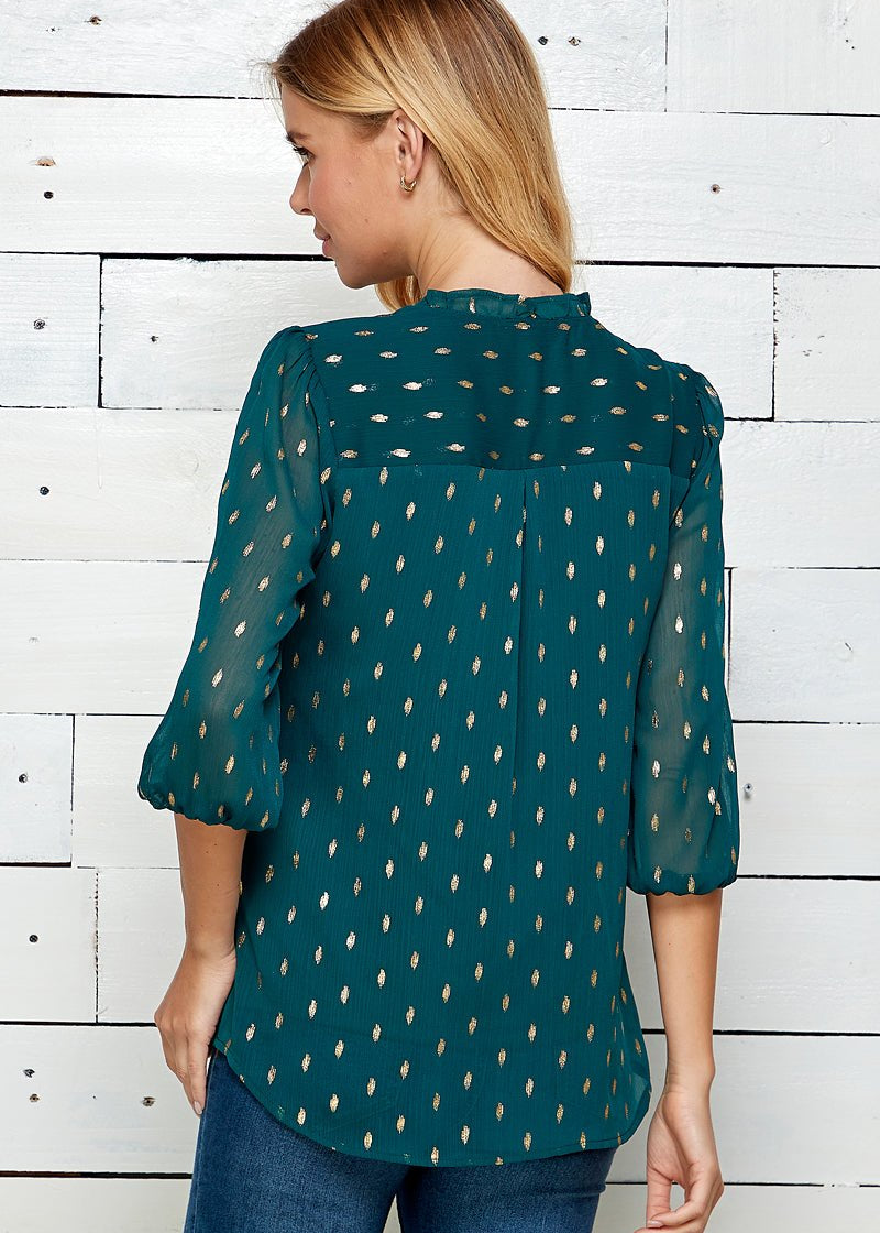 Sara Michelle 3/4 Puff Sleeve Mandarin Collar Top - DressbarnShirts & Blouses