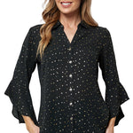 Sara Michelle 3/4 Ruffle Sleeve Johnny Collar Button Front Blouse - DressbarnShirts & Blouses