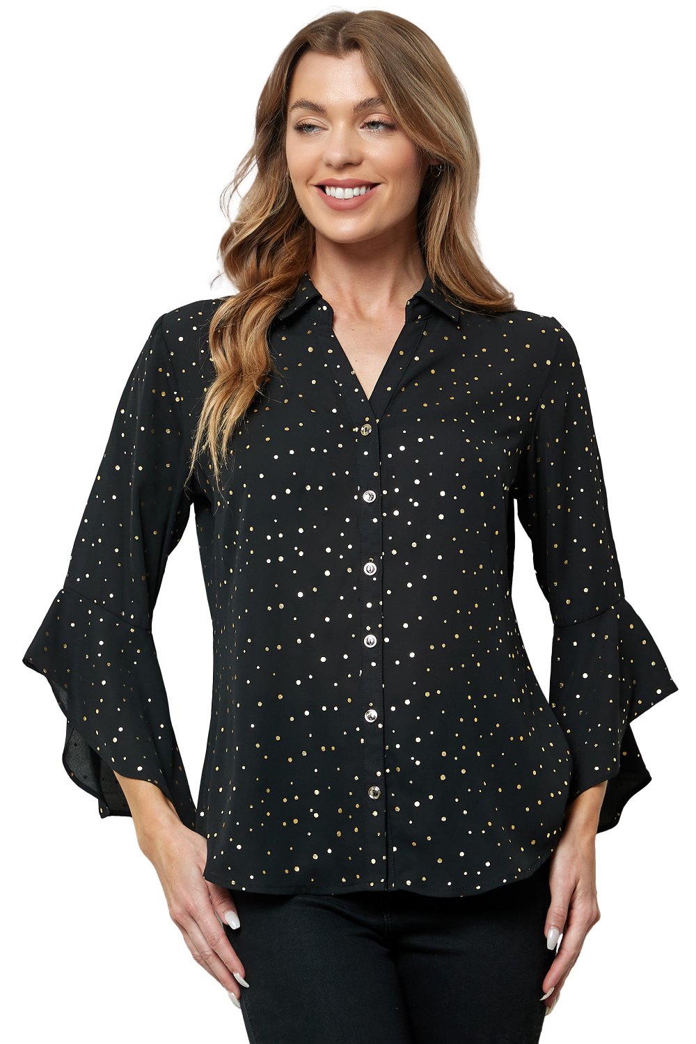 Sara Michelle 3/4 Ruffle Sleeve Johnny Collar Button Front Blouse - DressbarnShirts & Blouses