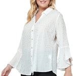 Sara Michelle 3/4 Ruffle Sleeve Johnny Collar Button Front Blouse - PLUS - DressbarnShirts & Blouses
