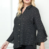 Sara Michelle 3/4 Ruffle Sleeve Johnny Collar Button Front Blouse - PLUS - DressbarnShirts & Blouses