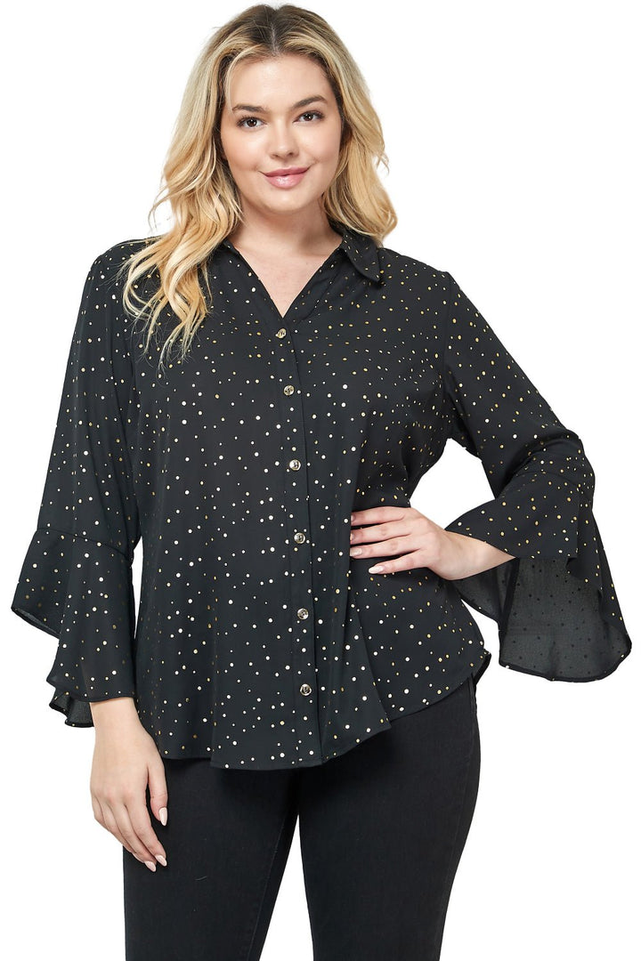 3/4 Length Ruffle Sleeve Button Front Blouse - Plus