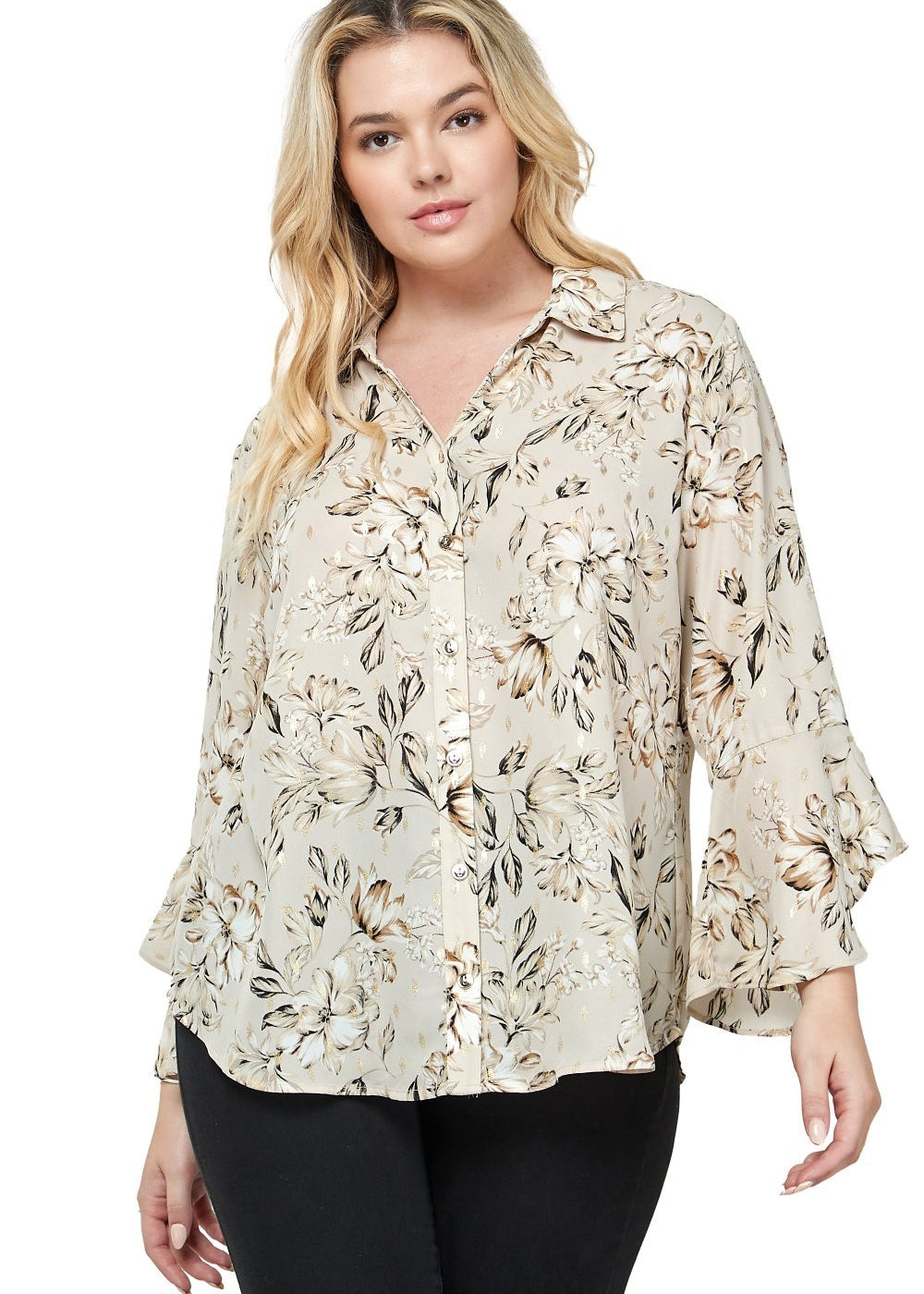 Sara Michelle 3/4 Ruffle Sleeve Johnny Collar Button Front Blouse - PLUS - DressbarnShirts & Blouses