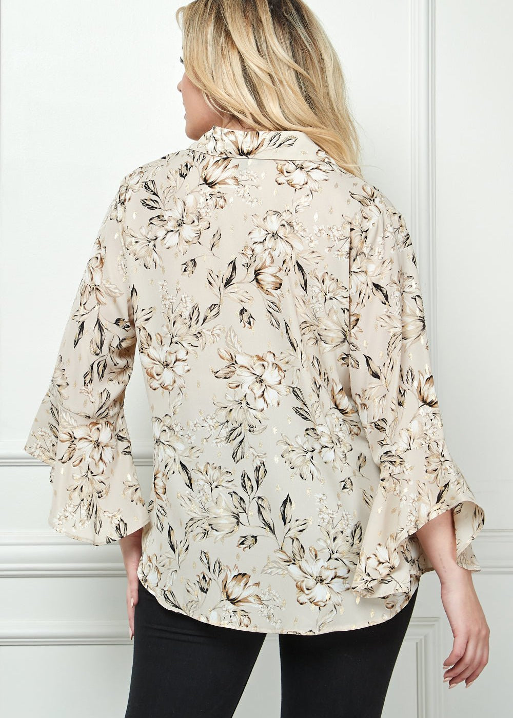 Sara Michelle 3/4 Ruffle Sleeve Johnny Collar Button Front Blouse - PLUS - DressbarnShirts & Blouses