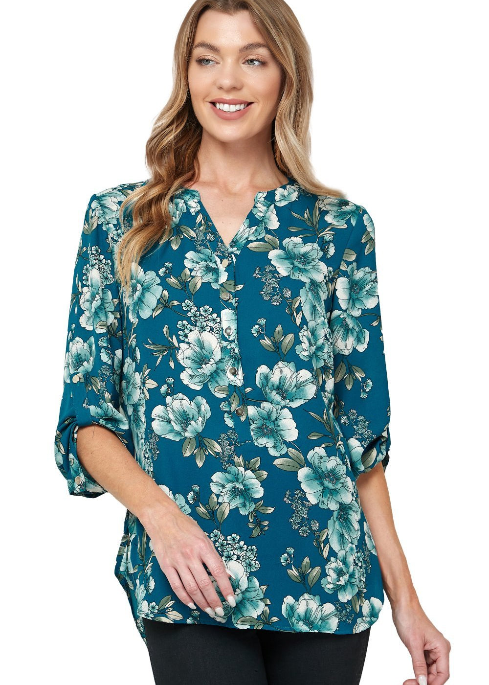 Sara Michelle 3/4 Sleeve Henley Placket Shirt Popover - DressbarnShirts & Blouses