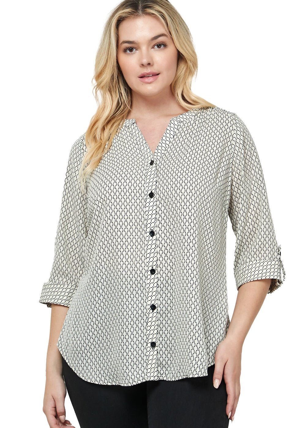 Sara Michelle 3/4 Sleeve Mandarin Collar Button Front Top - PLUS - DressbarnShirts & Blouses