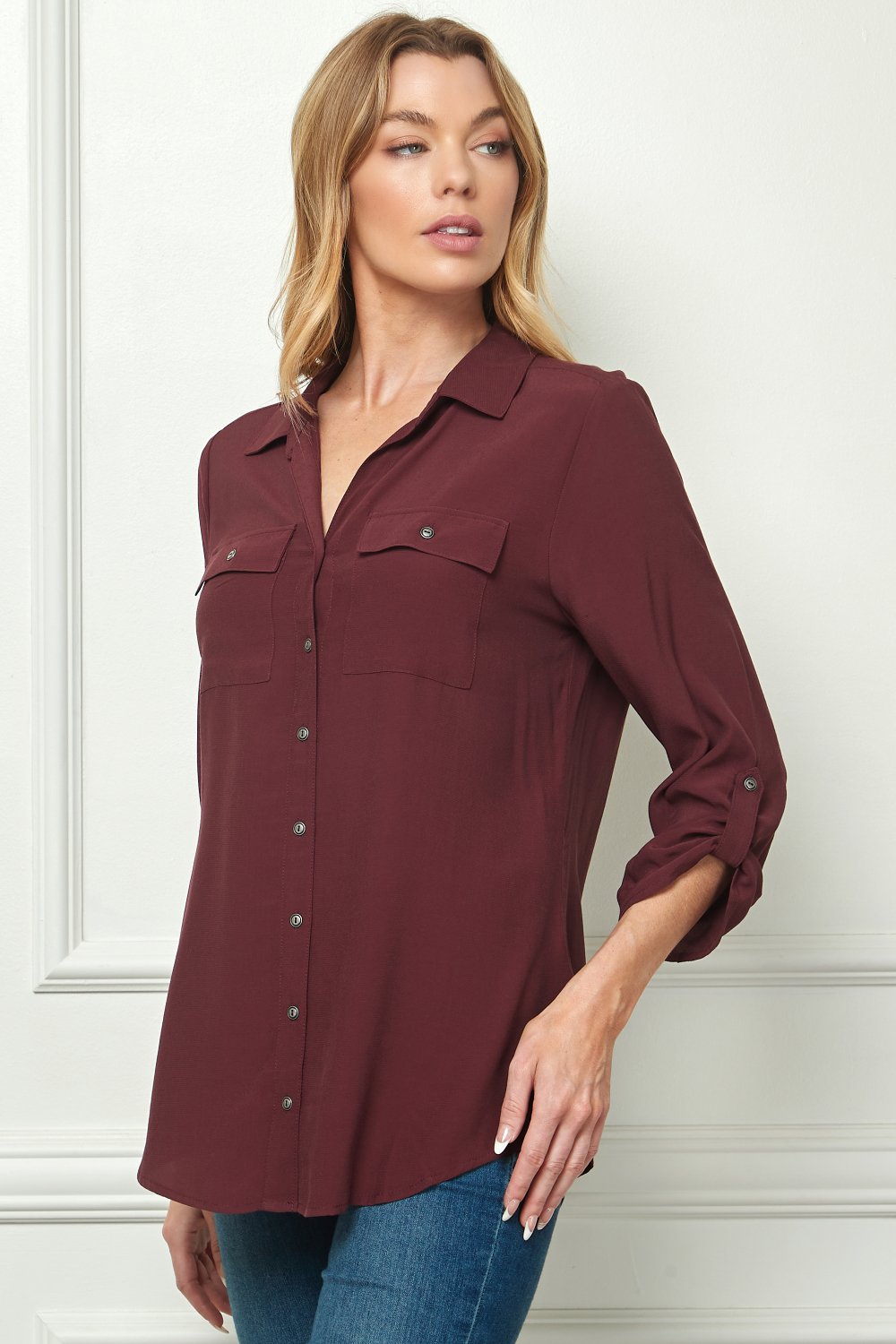 Sara Michelle 3/4 Sleeve Patch Pockets Button Front Johnny Collar Top - DressbarnShirts & Blouses