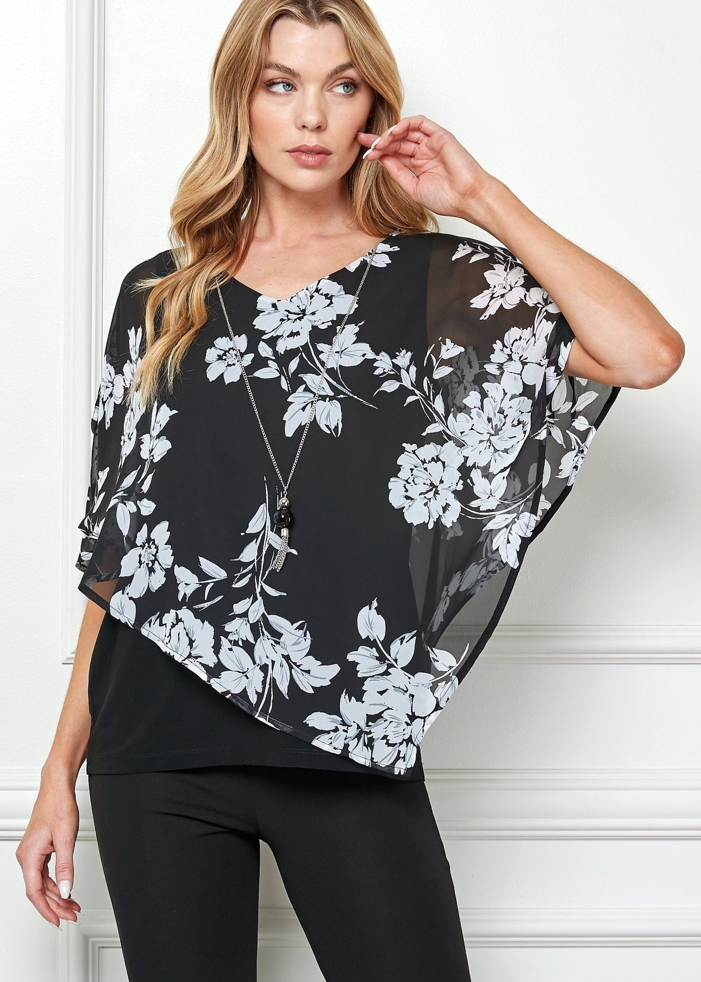 Sara Michelle Asymmetric Black Cold Shoulder Poncho Popover w/ Necklace - DressbarnShirts & Blouses