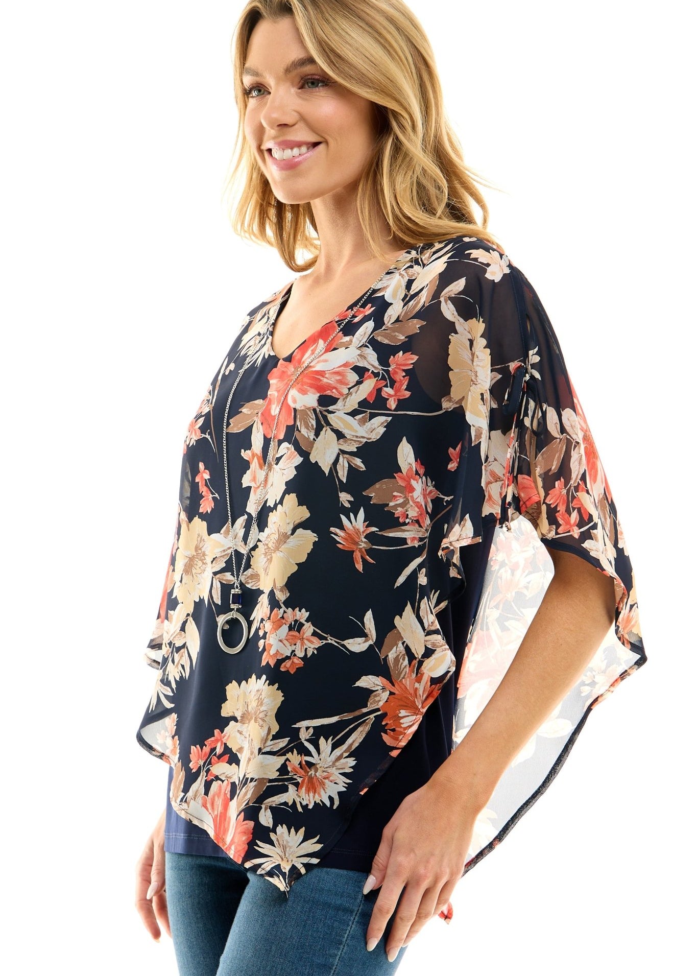 Sara Michelle Asymmetric Blue Cold Shoulder Poncho Popover w/ Necklace - DressbarnShirts & Blouses