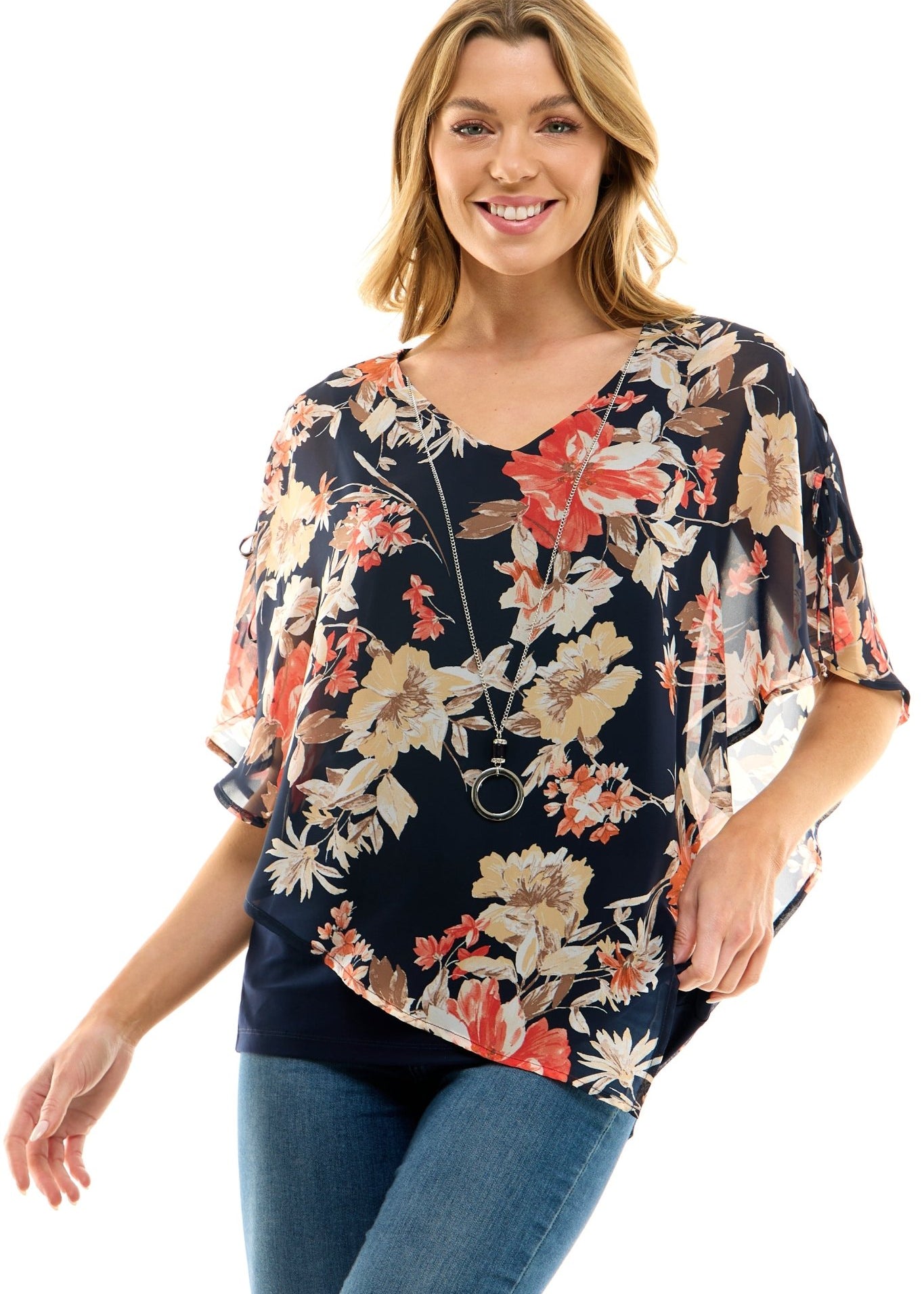 Sara Michelle Asymmetric Blue Cold Shoulder Poncho Popover w/ Necklace - DressbarnShirts & Blouses