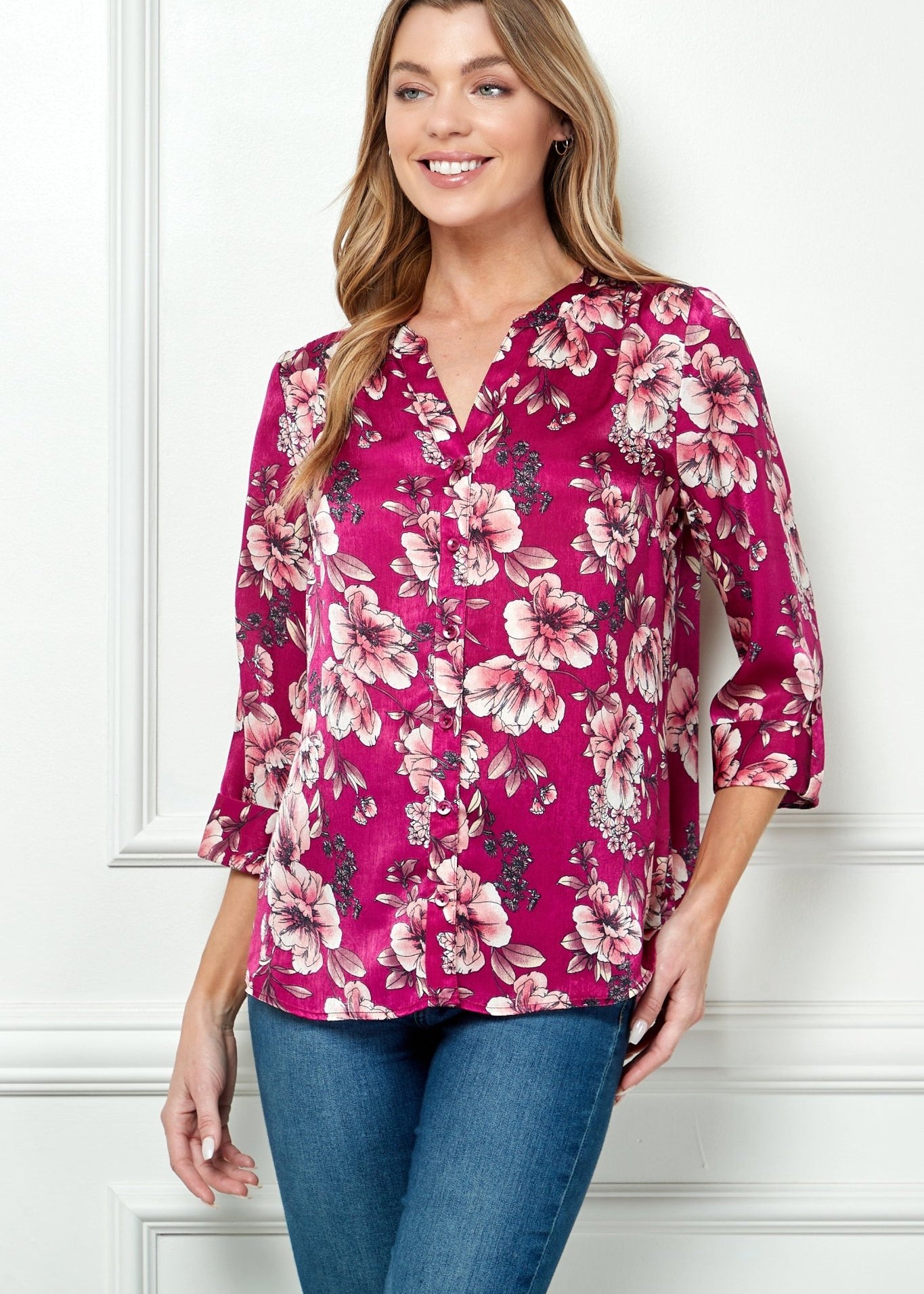 Sara Michelle Berry Floral 3/4 Button Tab Sleeve Mandarin Collar Button Front Shirt Top - DressbarnShirts & Blouses