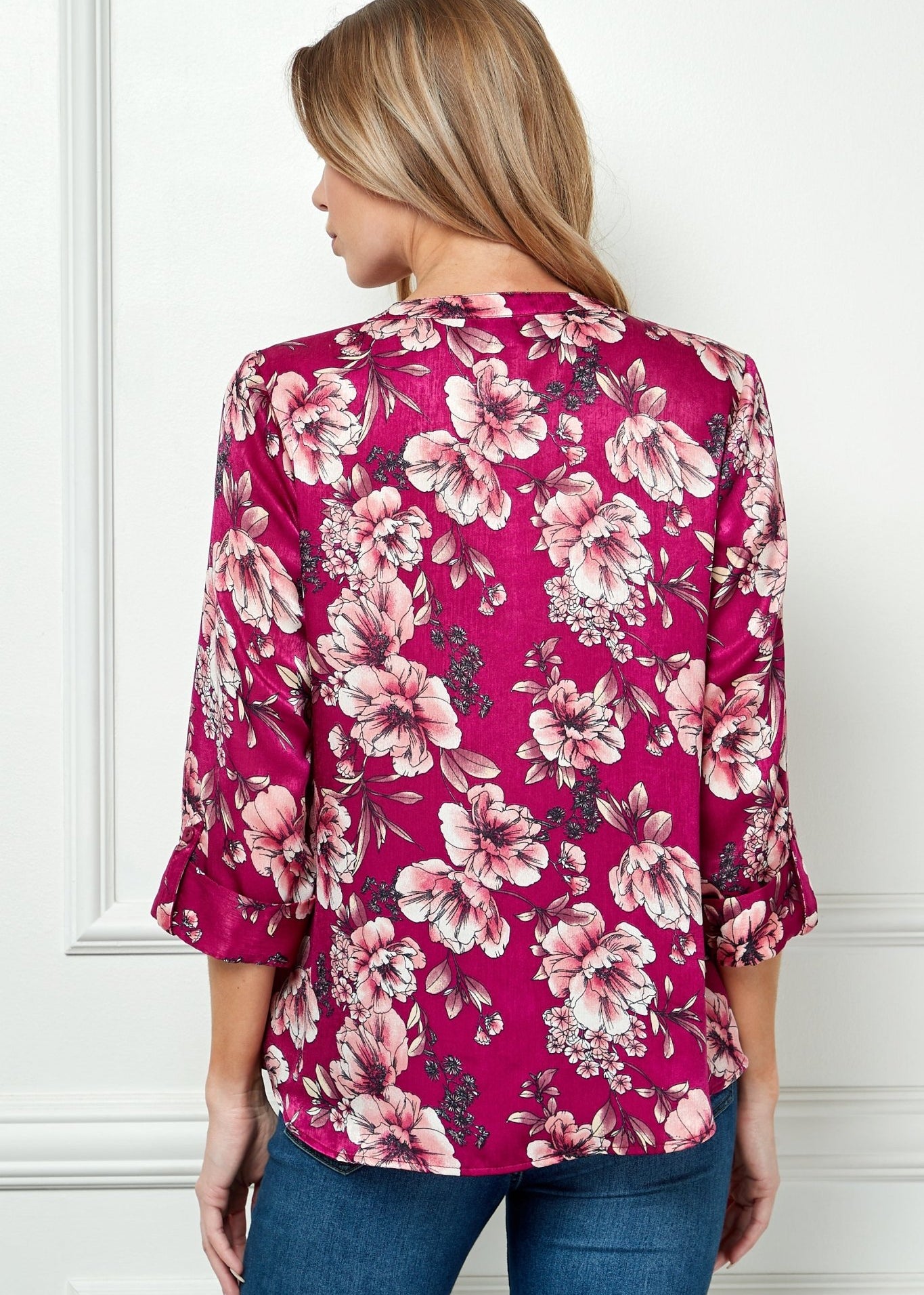 Sara Michelle Berry Floral 3/4 Button Tab Sleeve Mandarin Collar Button Front Shirt Top - DressbarnShirts & Blouses