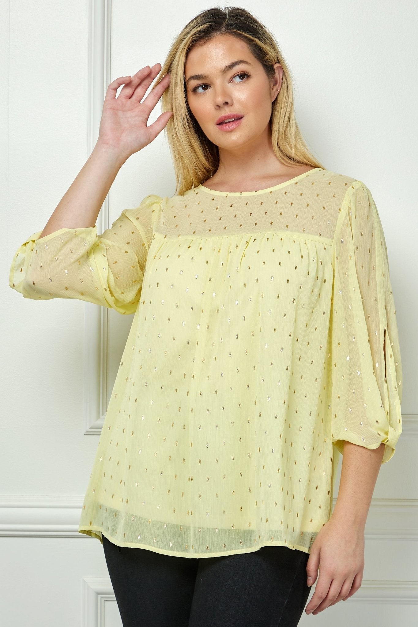 Sara Michelle Chamois & Gold 3/4 Knot Sleeve Scoop Neck Lined Blouse - Plus - DressbarnShirts & Blouses