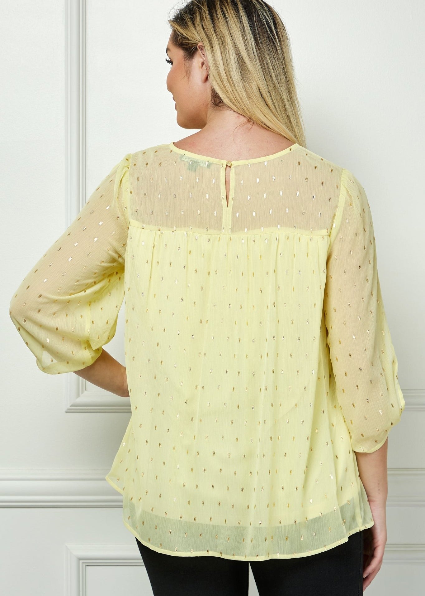 Sara Michelle Chamois & Gold 3/4 Knot Sleeve Scoop Neck Lined Blouse - Plus - DressbarnShirts & Blouses