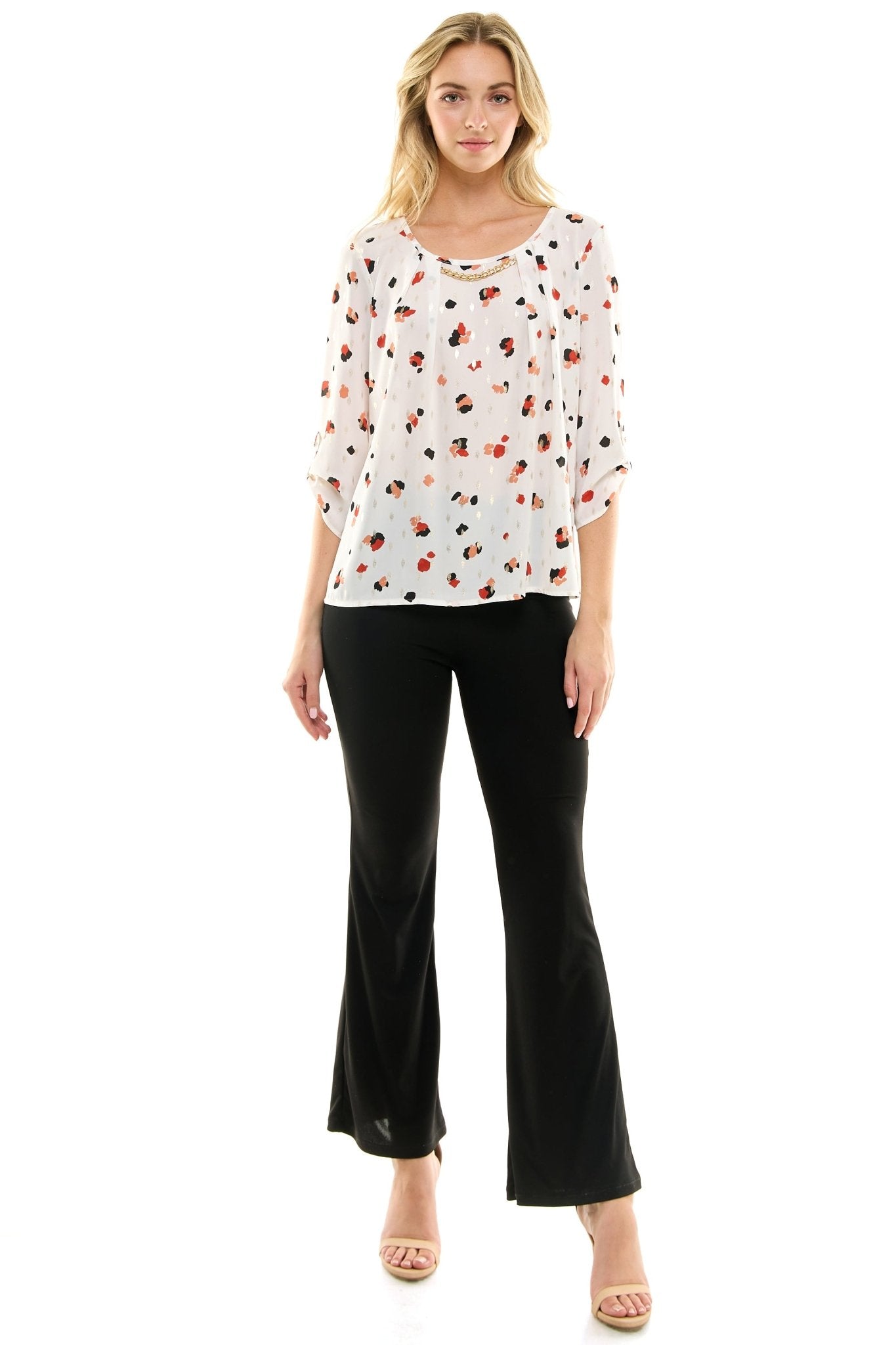 Sara Michelle Cheetah 3/4 Button Tab Sleeve Chain Trim Neck Blouse - DressbarnShirts & Blouses