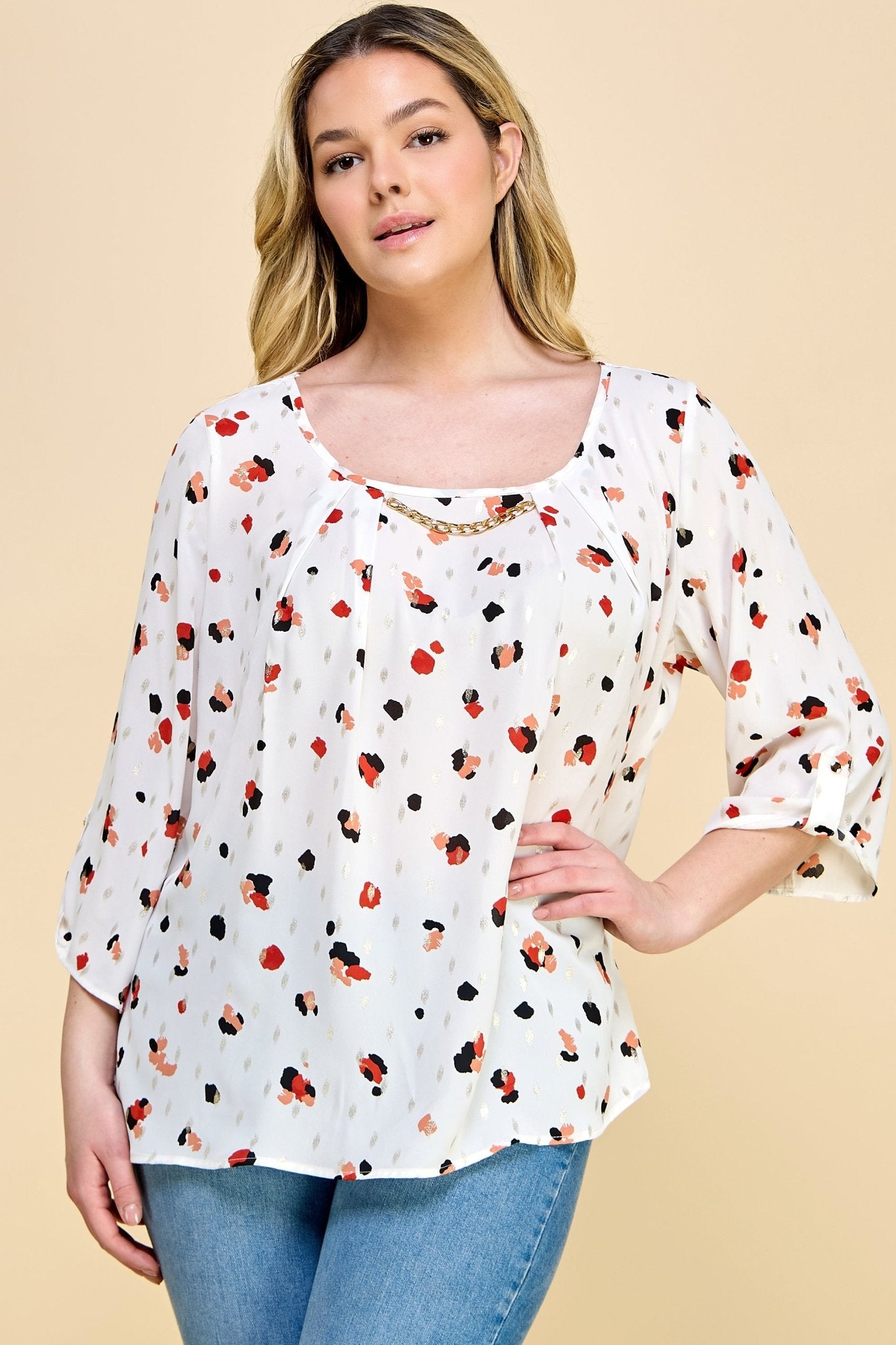 Sara Michelle Cheetah 3/4 Button Tab Sleeve Chain Trim Neck Blouse - Plus - DressbarnShirts & Blouses