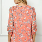 Sara Michelle Coral Floral 3/4 Button Tab Sleeve Mandarin Collar Lined Popover Blouse - DressbarnShirts & Blouses