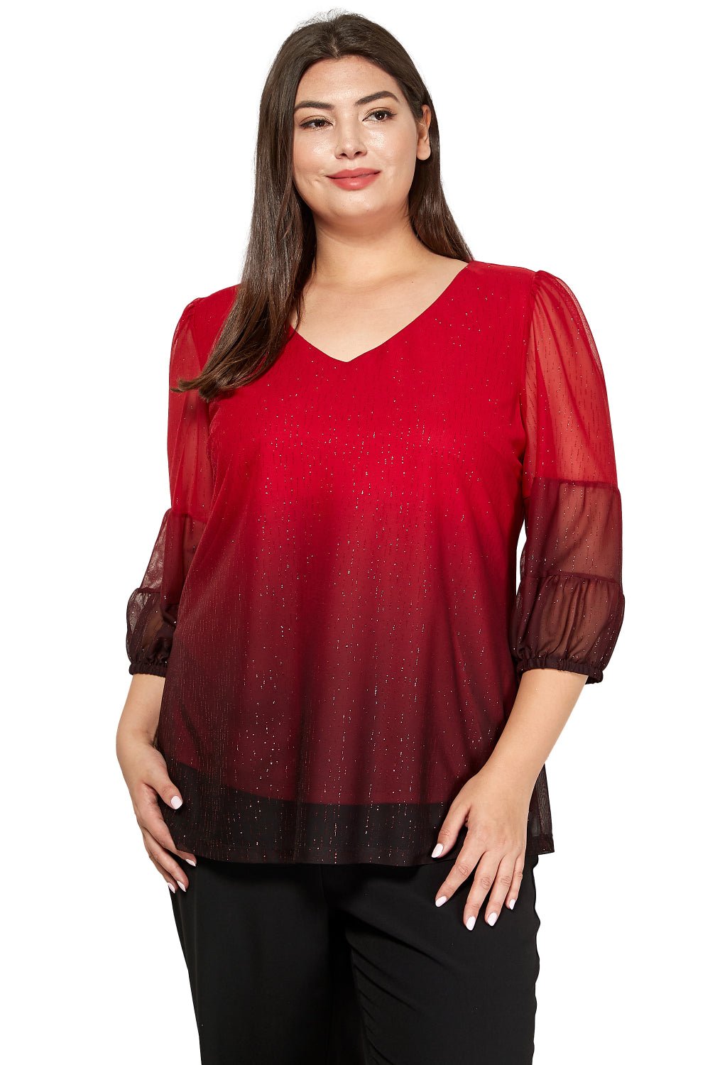 Sara Michelle Double Bubble Sleeve V-Neck Blouse with Cutout Back Detail and Lining - PLUS - DressbarnShirts & Blouses