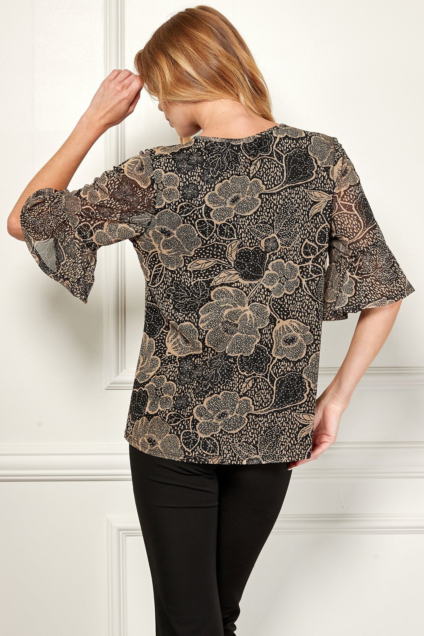 Sara Michelle Elbow Rfl Slv Lined Trapeze Blouse