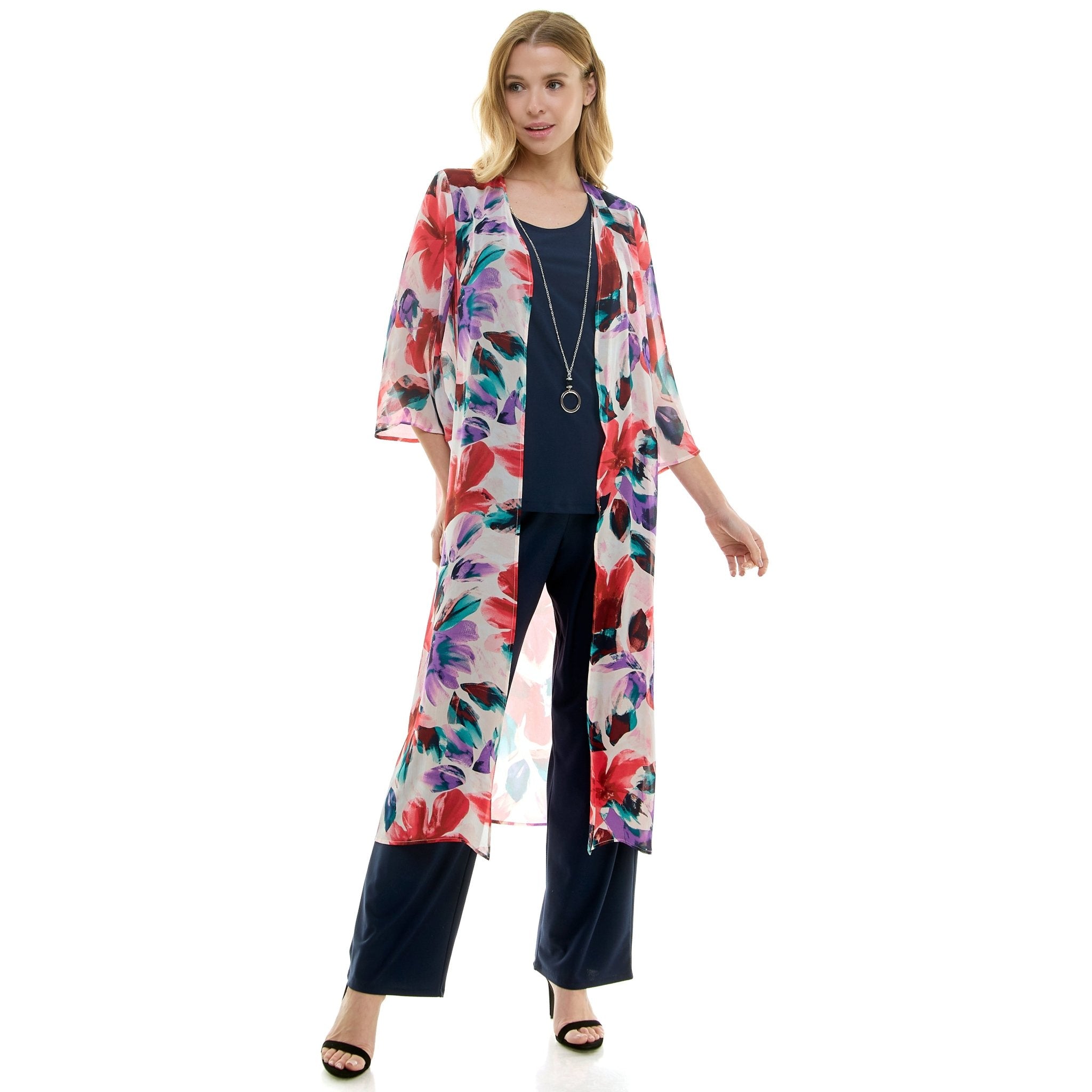 Sara Michelle Floral 3/4 2Fer Duster W/ Necklace And Elastic Pull On Pant - DressbarnOutfit Sets