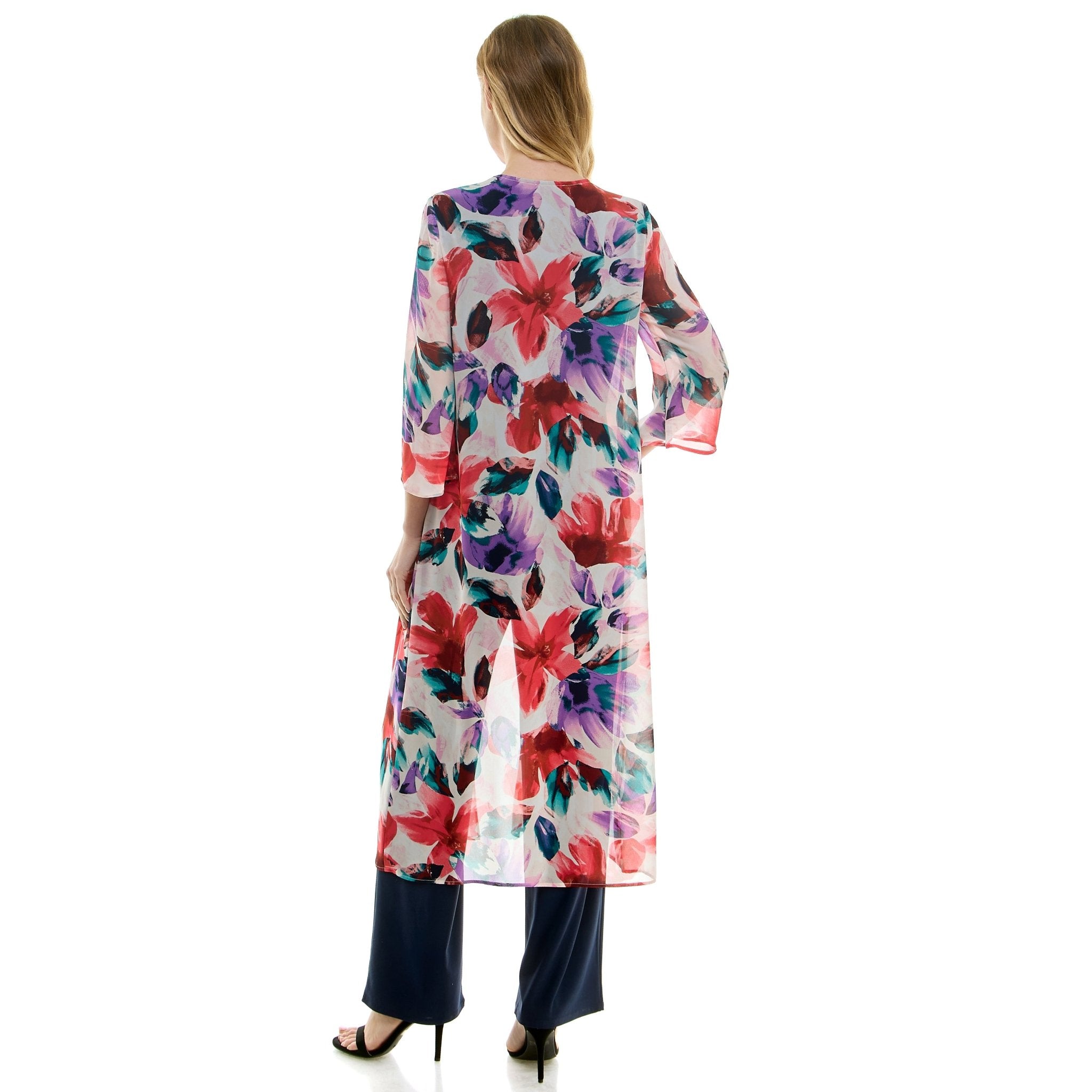 Sara Michelle Floral 3/4 2Fer Duster W/ Necklace And Elastic Pull On Pant - DressbarnOutfit Sets