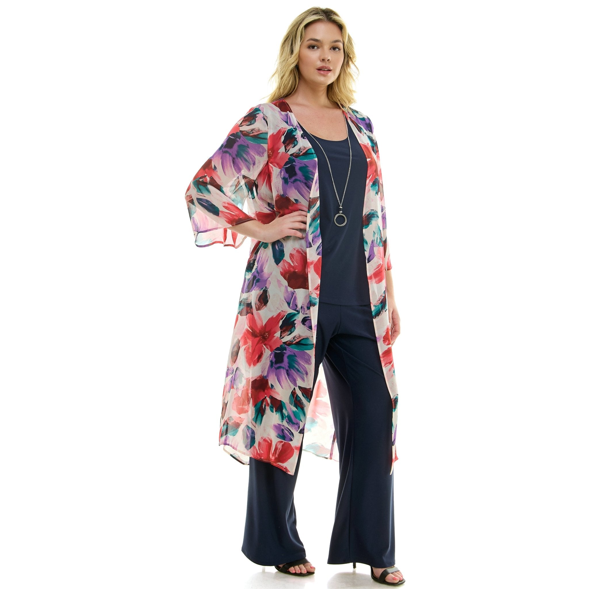 Sara Michelle Floral 3/4 2Fer Duster W/ Necklace And Elastic Pull On Pant - Plus - DressbarnOutfit Sets