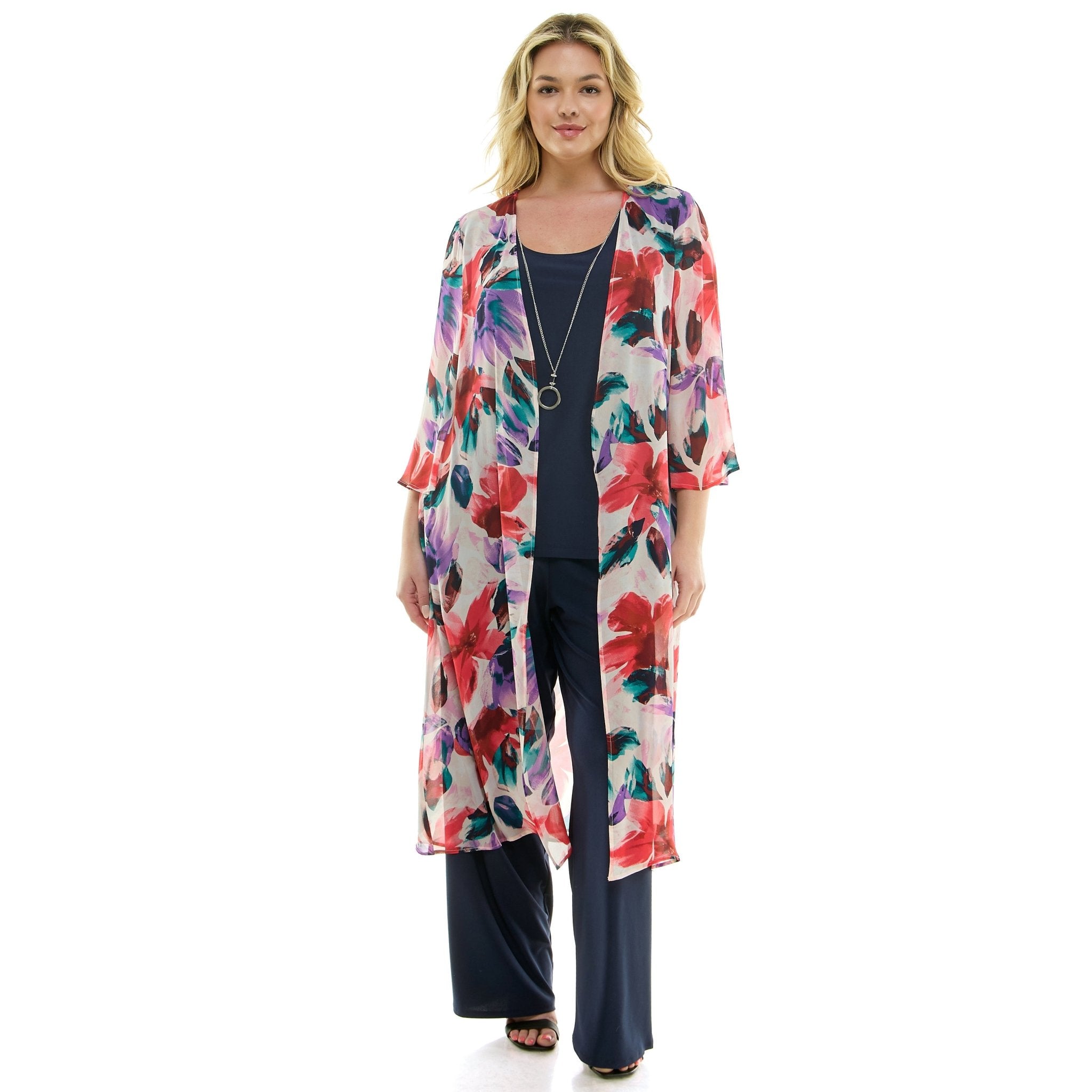 Sara Michelle Floral 3/4 2Fer Duster W/ Necklace And Elastic Pull On Pant - Plus - DressbarnOutfit Sets