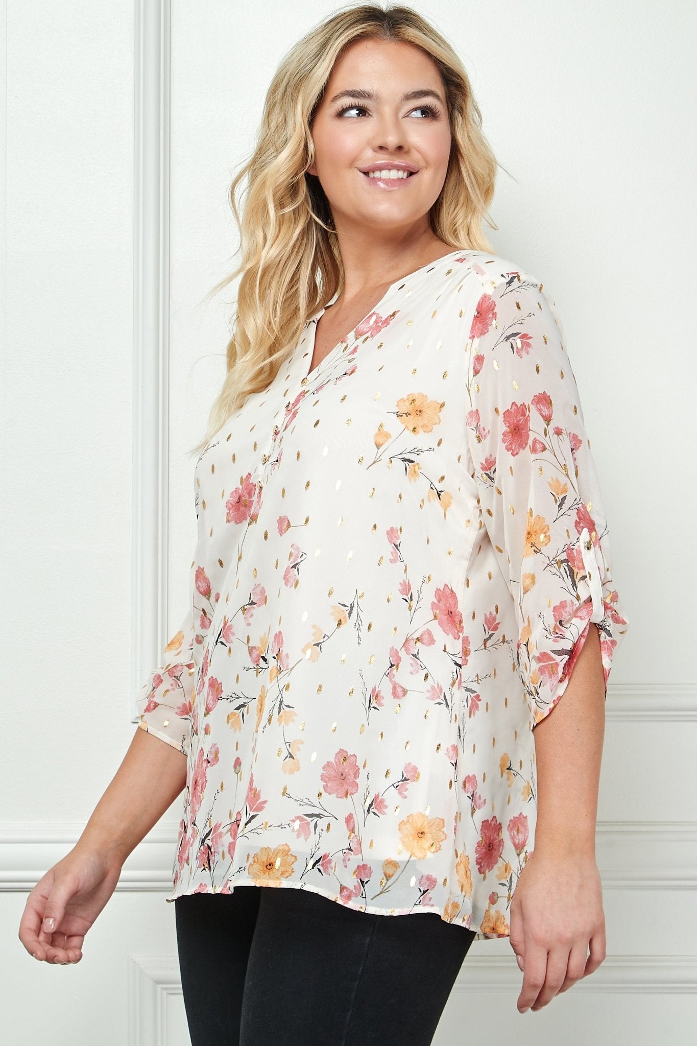 Sara Michelle Ivory Floral 3/4 Button Tab Sleeve Mandarin Collar Lined Popover Blouse - Plus - DressbarnShirts & Blouses