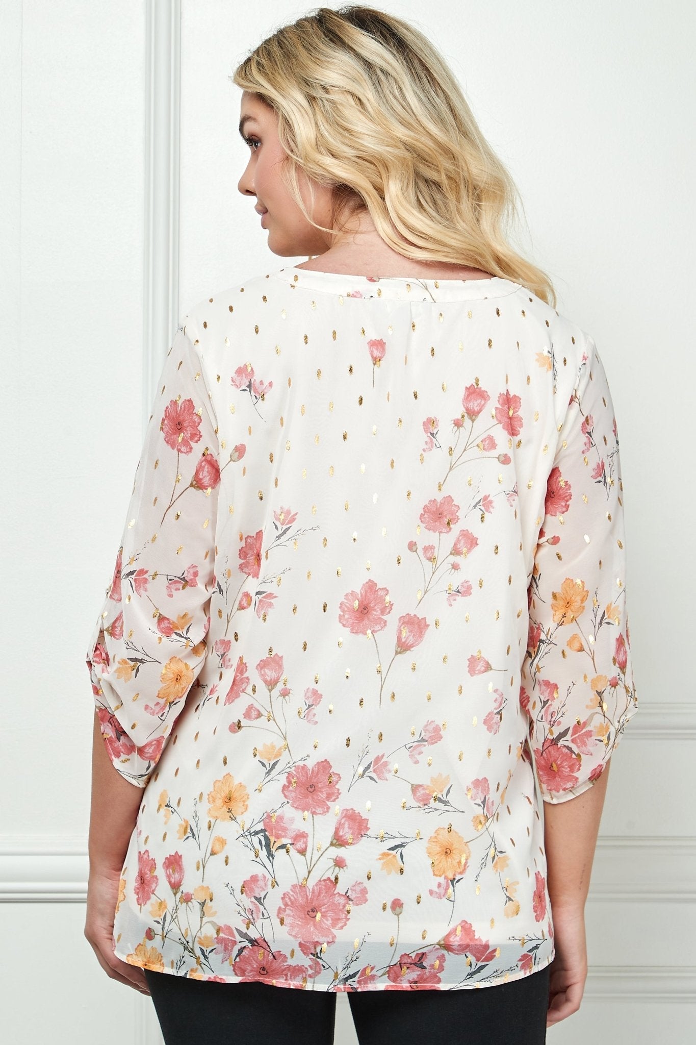 Sara Michelle Ivory Floral 3/4 Button Tab Sleeve Mandarin Collar Lined Popover Blouse - Plus - DressbarnShirts & Blouses