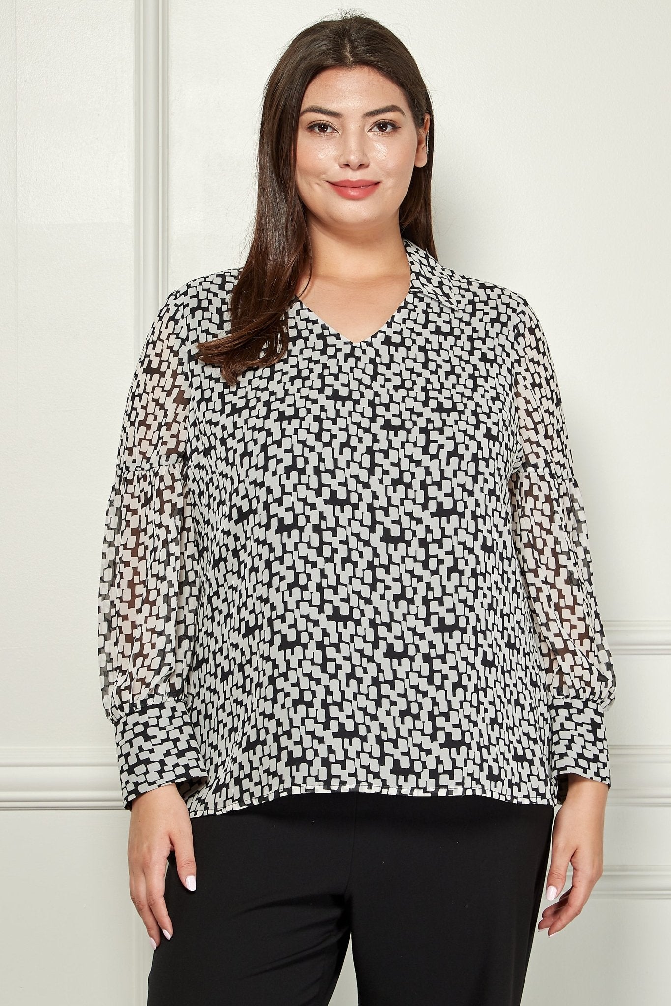 SARA MICHELLE LONG CUFFED SLEEVE SHIRT COLLAR LINED POPOVER BLOUSE - PLUS