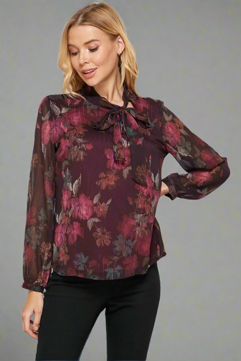 Sara Michelle Long Sleeve Side Tie Neck Blouse - DressbarnShirts & Blouses