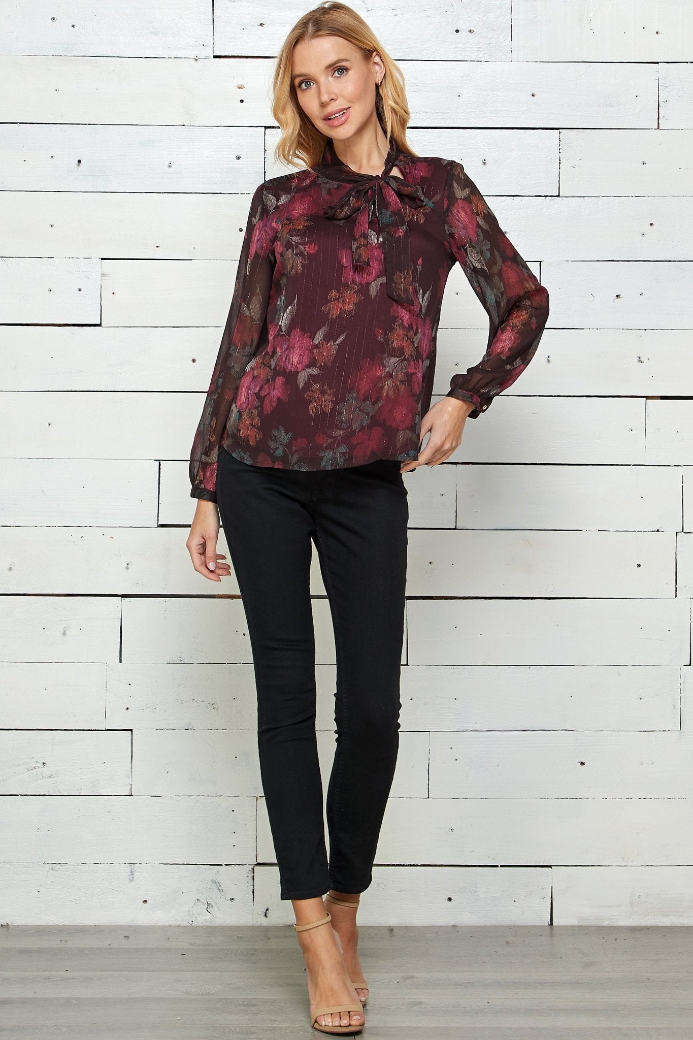 Sara Michelle Long Sleeve Side Tie Neck Blouse - DressbarnShirts & Blouses