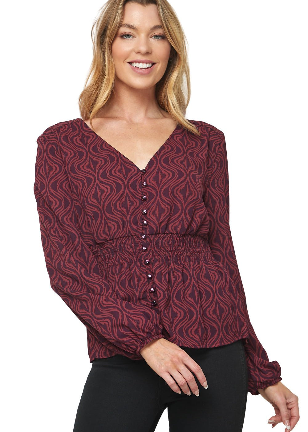 Sara Michelle Long Sleeve V-Neck with Faux Button Front and Elastic Smock Waist Blouse - DressbarnShirts & Blouses