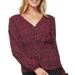 Sara Michelle Long Sleeve V-Neck with Faux Button Front and Elastic Smock Waist Blouse - DressbarnShirts & Blouses
